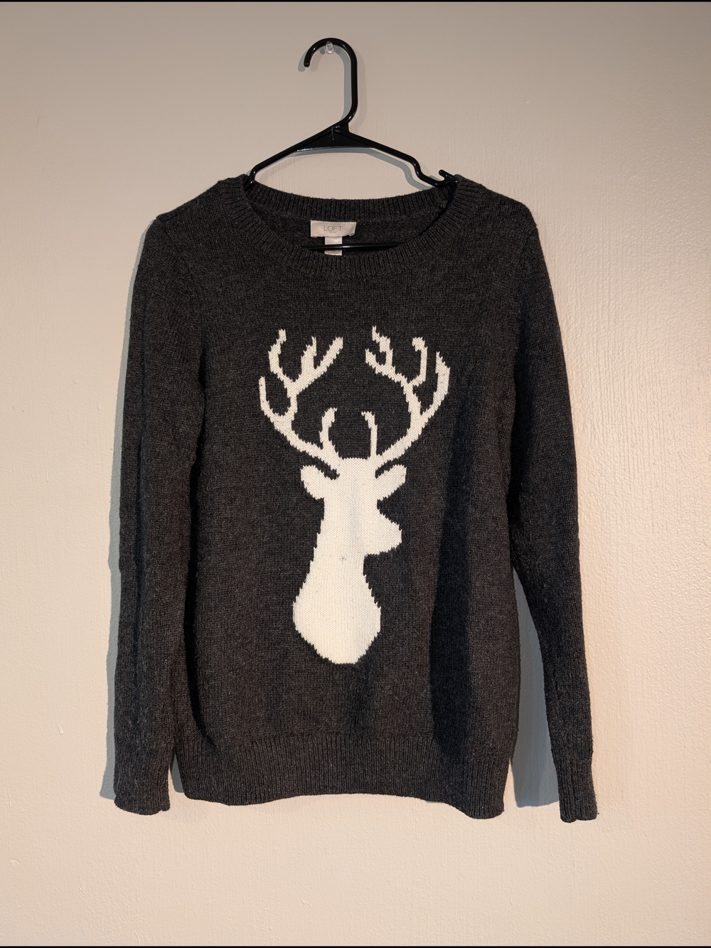 LOFT Charcoal Crewneck Sweater with White Deer Intarsia